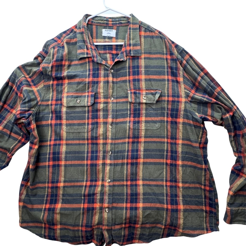 Old Navy Flannel Shirt Men 4XL Green Orange Plaid Double Brushed Cotton Casual